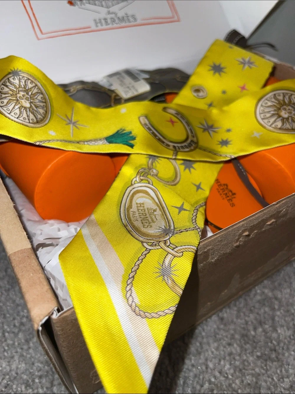 Hermés C’est La Fete Yellow & Grey Silk Twilly Scarf with Roses